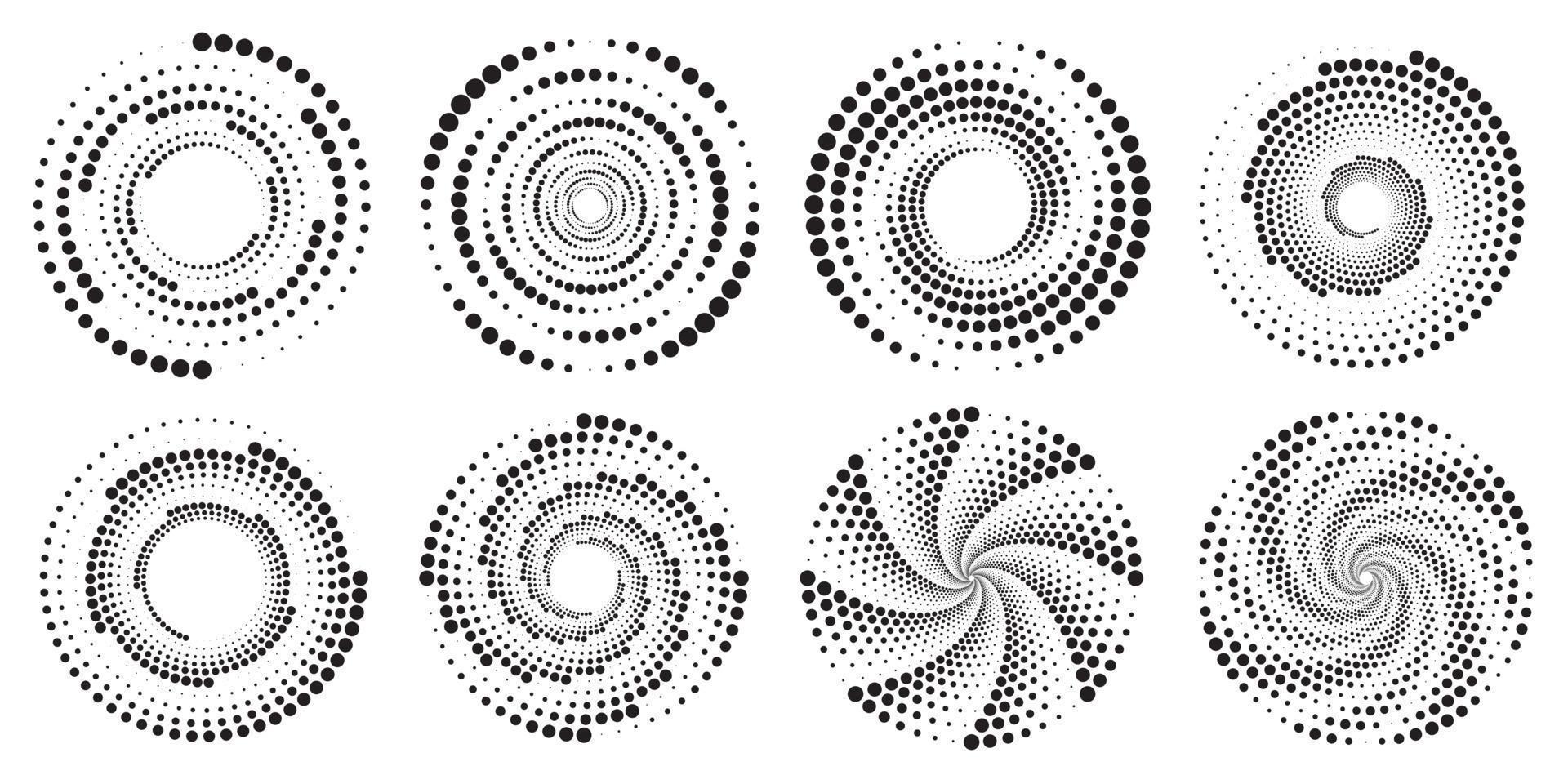 Dotted circles pattern. Abstract half tone graphic set. Circular textured round spiral frames. Vector swirl geometric rings with gradation.