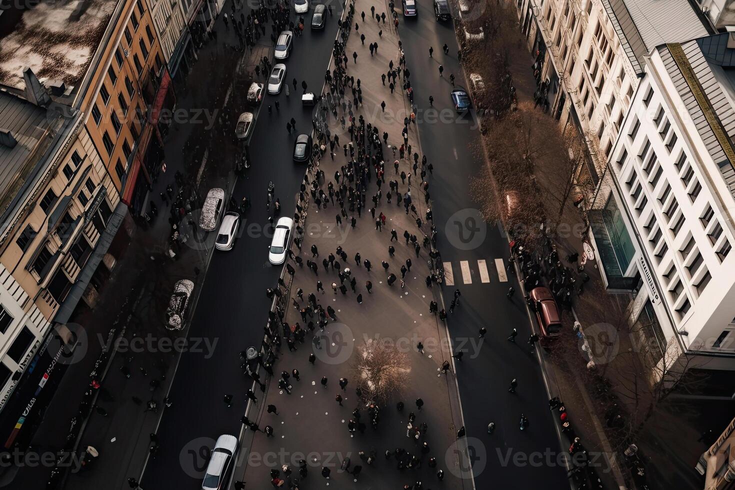 Protesting crowd at city street. Protesting people marching at city, aerial view. Protest activists. Crowd with raising fists and banners. Created with photo