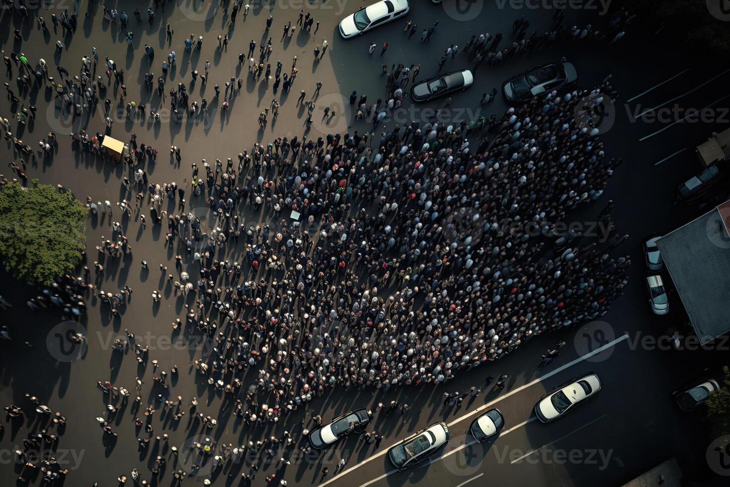 Protesting crowd at city street. Protesting people marching at city, aerial view. Protest activists. Crowd with raising fists and banners. Created with photo