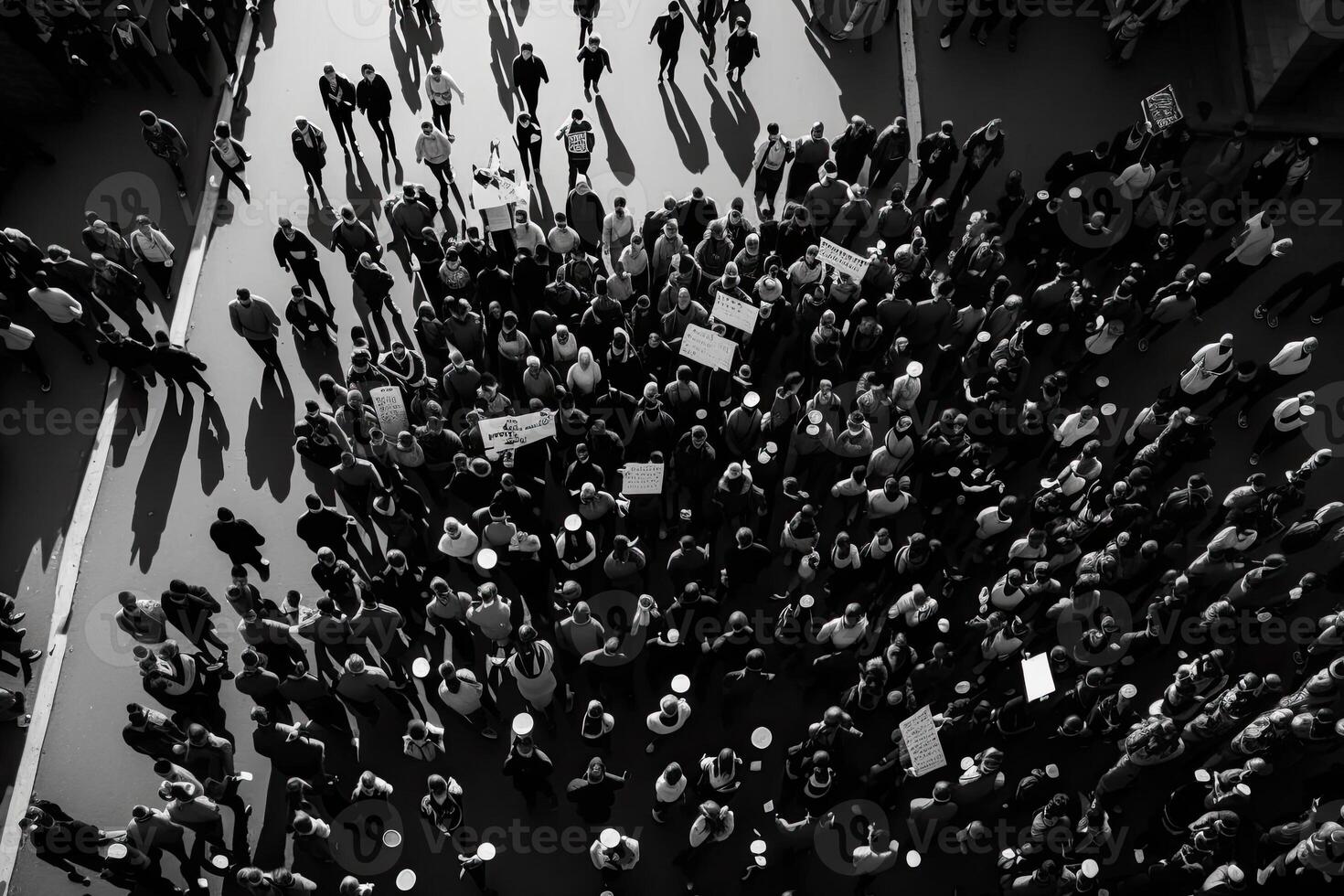 protestando multitud a ciudad calle. protestando personas de marcha a ciudad, aéreo vista. protesta activistas multitud con levantamiento puños y pancartas creado con generativo ai foto