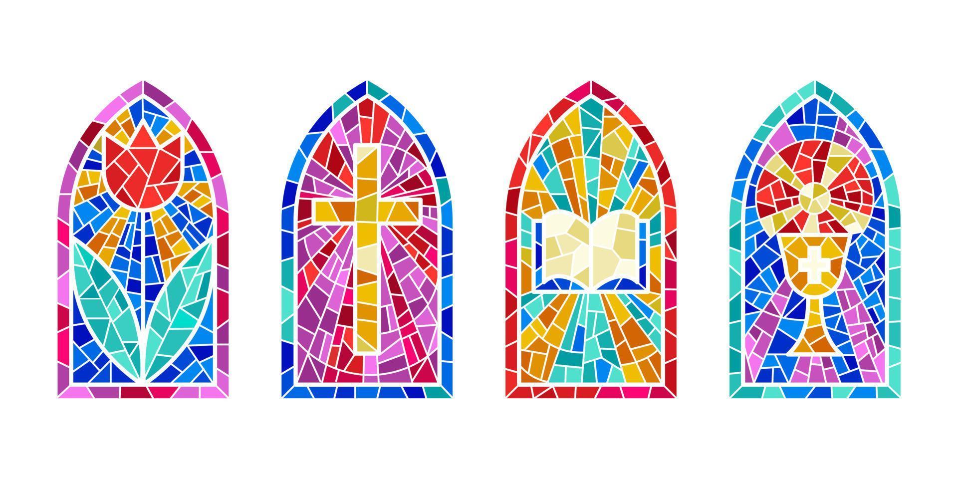 Church glass windows. Stained mosaic catholic frames with cross, book and religious symbols. Vector set isolated on white background