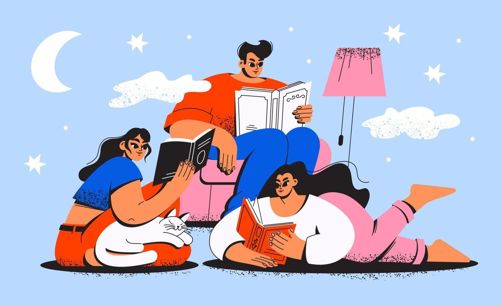 A group of people are reading books. A woman and a man are studying in the library. A student is reading a textbook. Bookstore vector