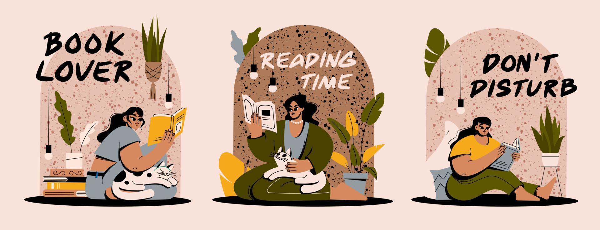 A set of cozy illustrations. A girl is reading a book. A woman is resting at home in a beautiful interior with a cat vector