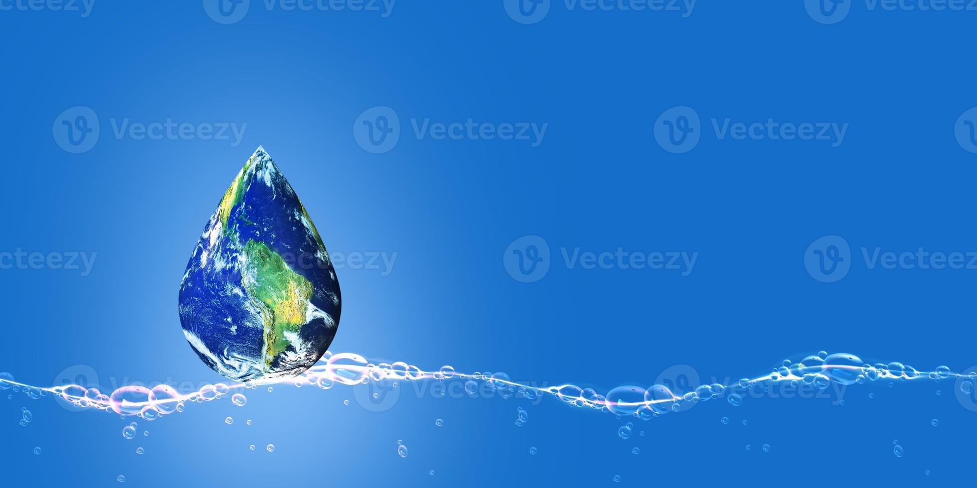 Water drop made with world map. The concept for World water day, Save the earth, Climate change, Save People, Water Ads, Water Poster or Banner, Environment day, and Every Drop Matters. photo