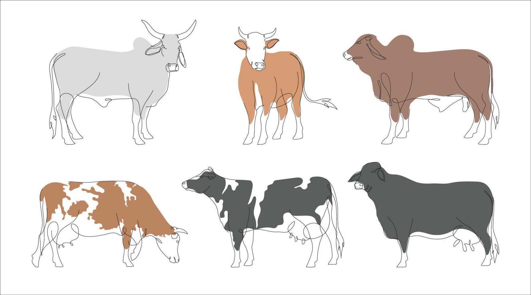 Set of Cow in continuous line art drawing style. Continuous line drawing collection of cattle. Cow in abstract and minimalist linear icon set. Vector illustration