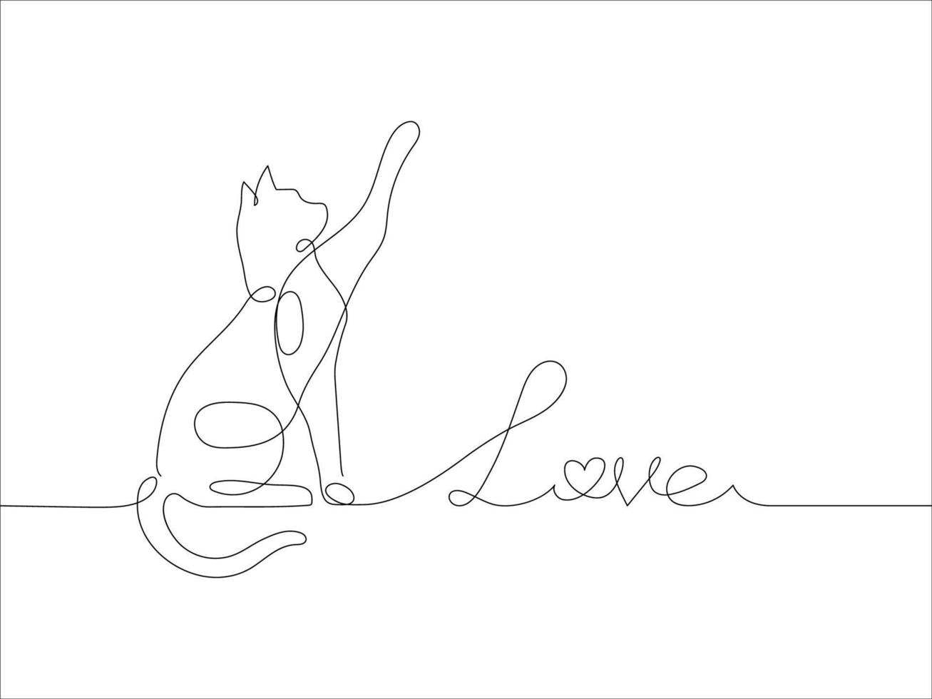 gato y texto amor en uno línea dibujo estilo. resumen y minimalista imagen de escritura amor con gato icono. continuo línea dibujo de gato. mascota amor icono. vector ilustración