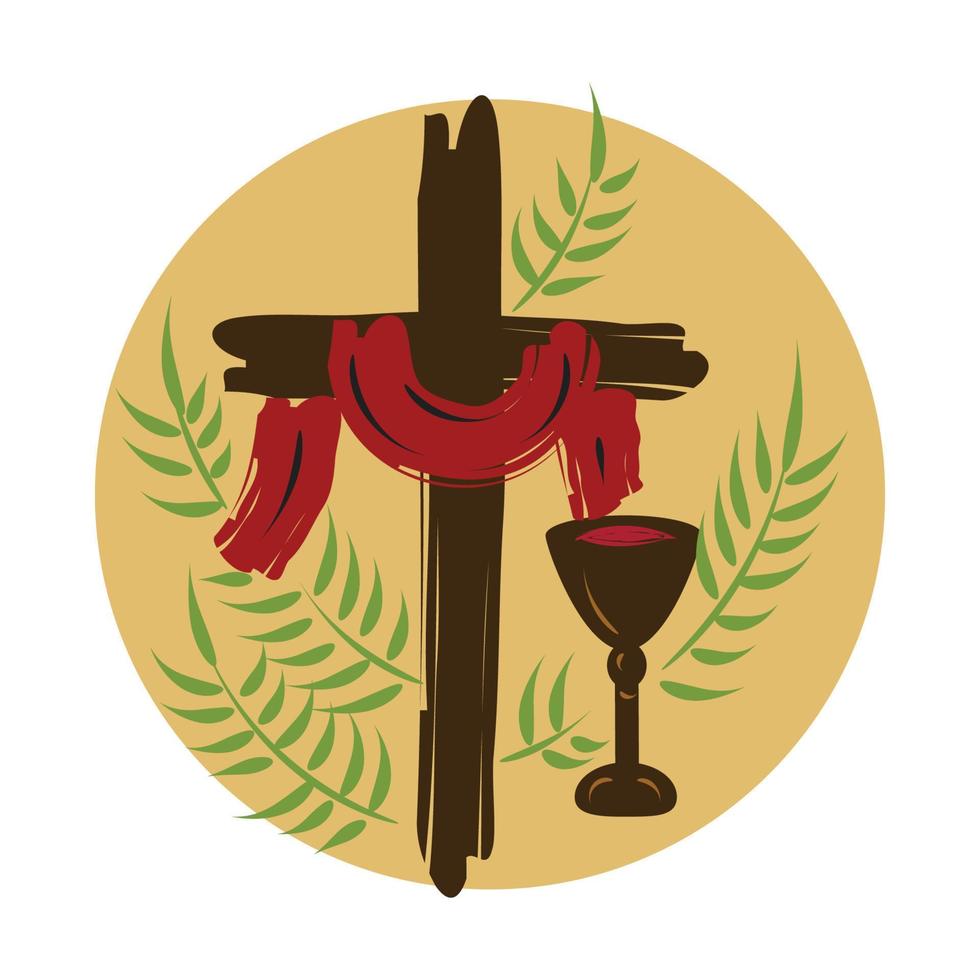 Holy Week. Christian Easter icon symbols. palm branch, cross of Jesus Christ, crown of thorns, bowl and bread, crucified palms. vector illustration