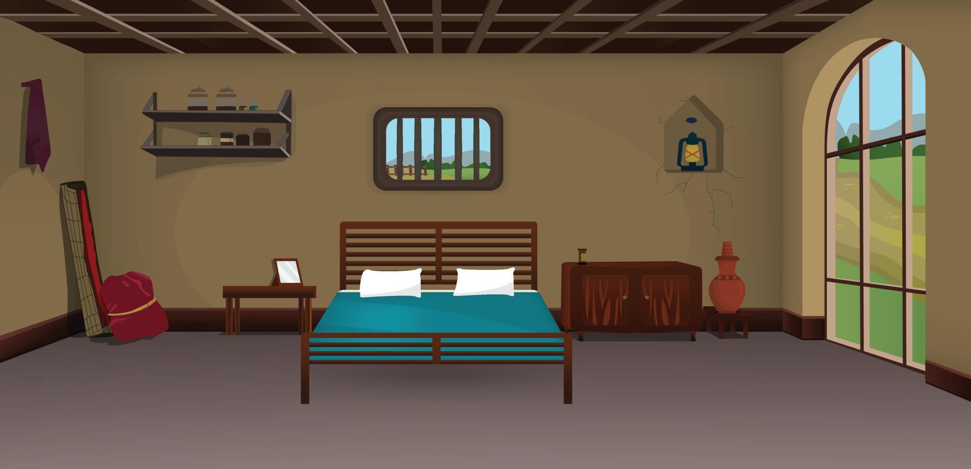 Village poor room inside with big window cartoon background, Poor house room interior vector illustrations.