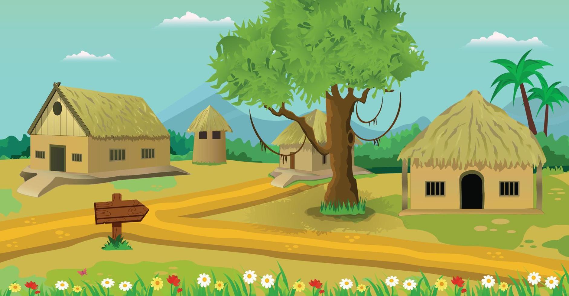 Village town with trees and front of big ground natural countryside vector illustration.