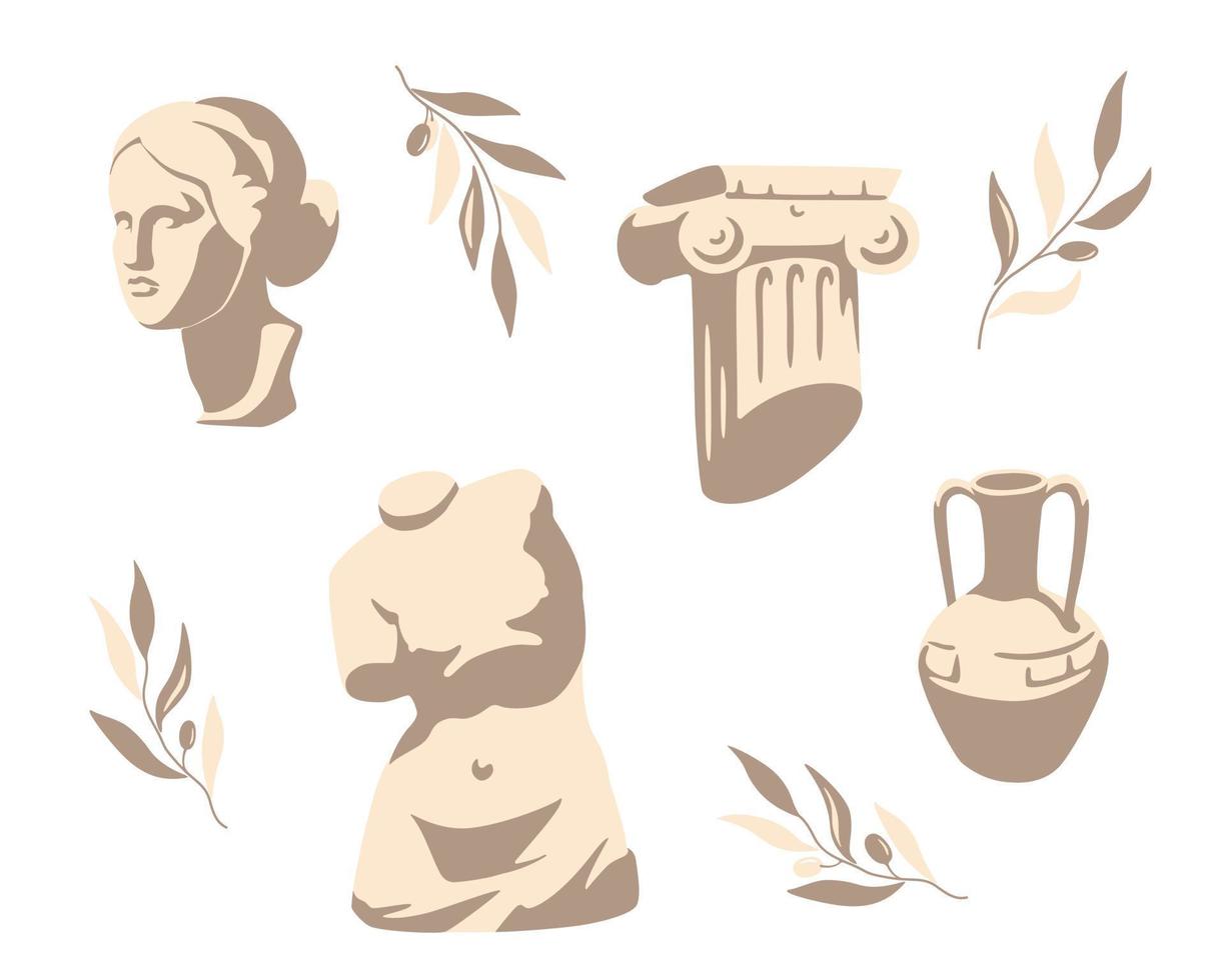 Ancient Greek art sculpture set. Aphrodite statue head and torso, clay amphora, broken ionic column. Modern flat vector illustration style.