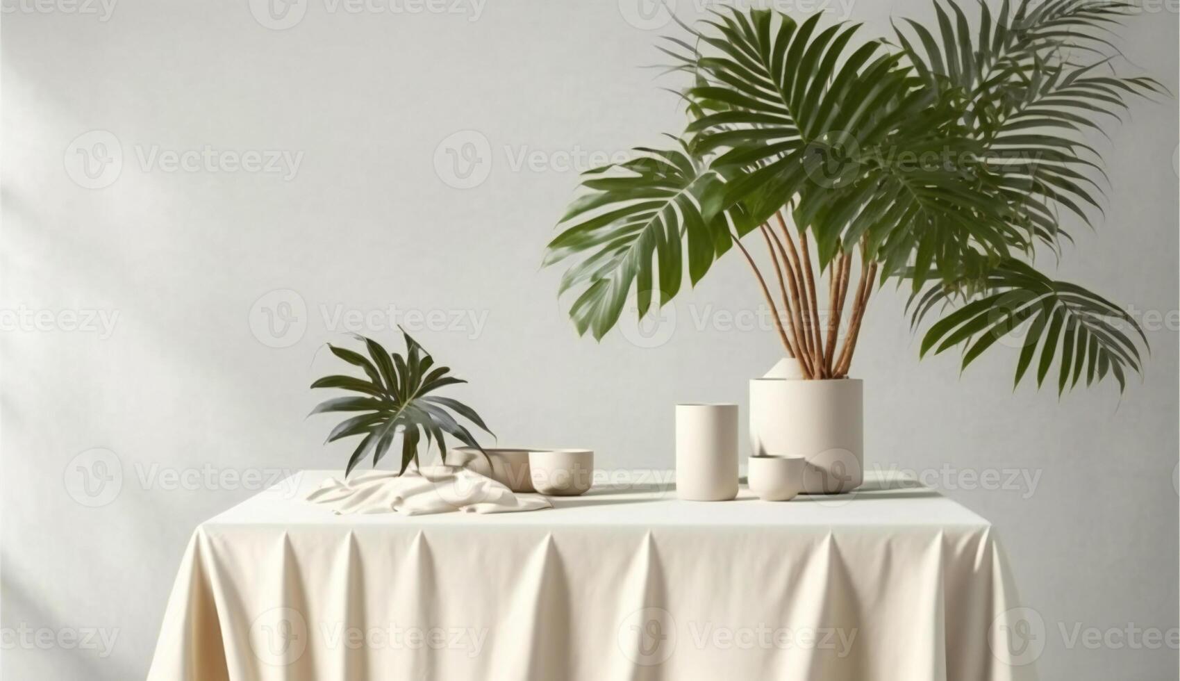 Podium template with foliage drop shadow for product. Beauty mockup with empty tray presentation. . photo