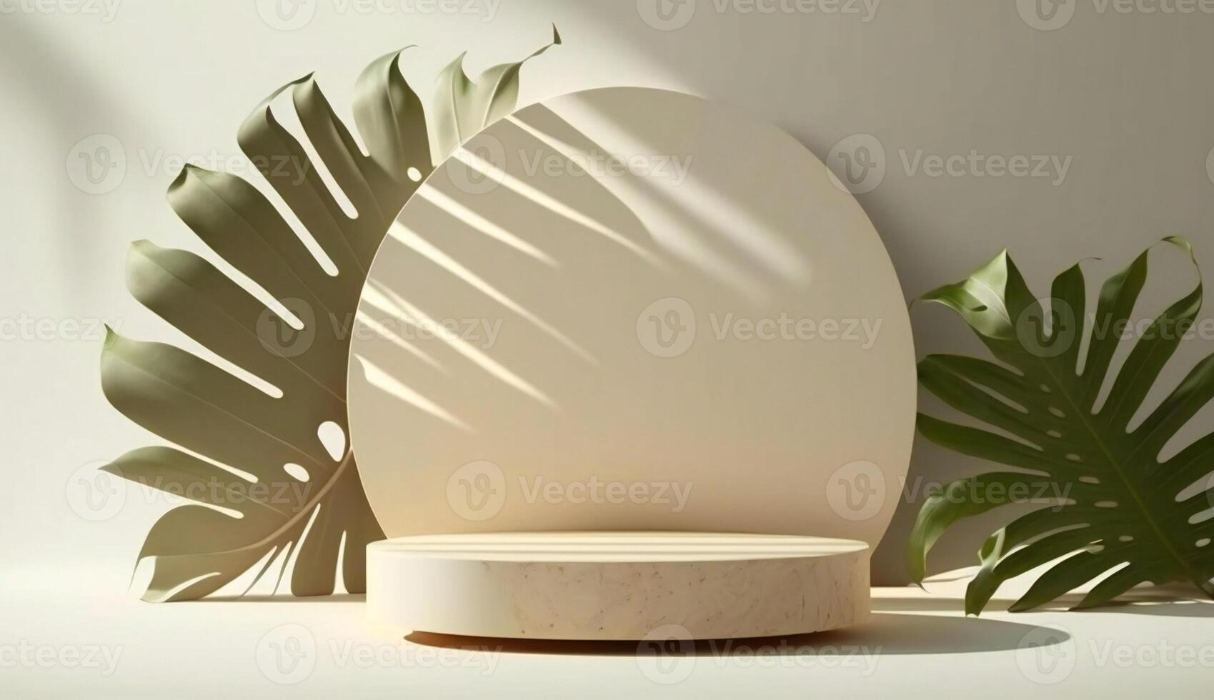 Podium template with foliage drop shadow for product. Beauty mockup with empty tray presentation. . photo