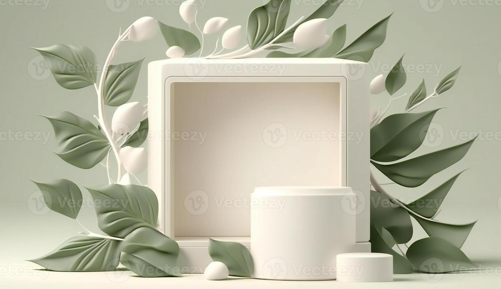 Podium template with foliage drop shadow for product. Beauty mockup with empty tray presentation. . photo