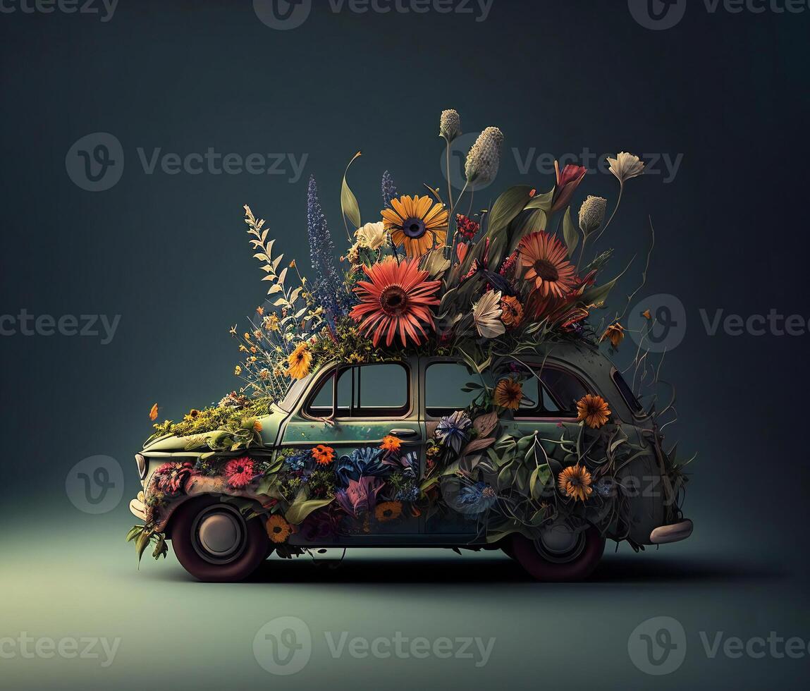 Car cover by flowers decoration. Retro hippie vehicle with flower. Floral concept for wedding or romantic love gift. photo