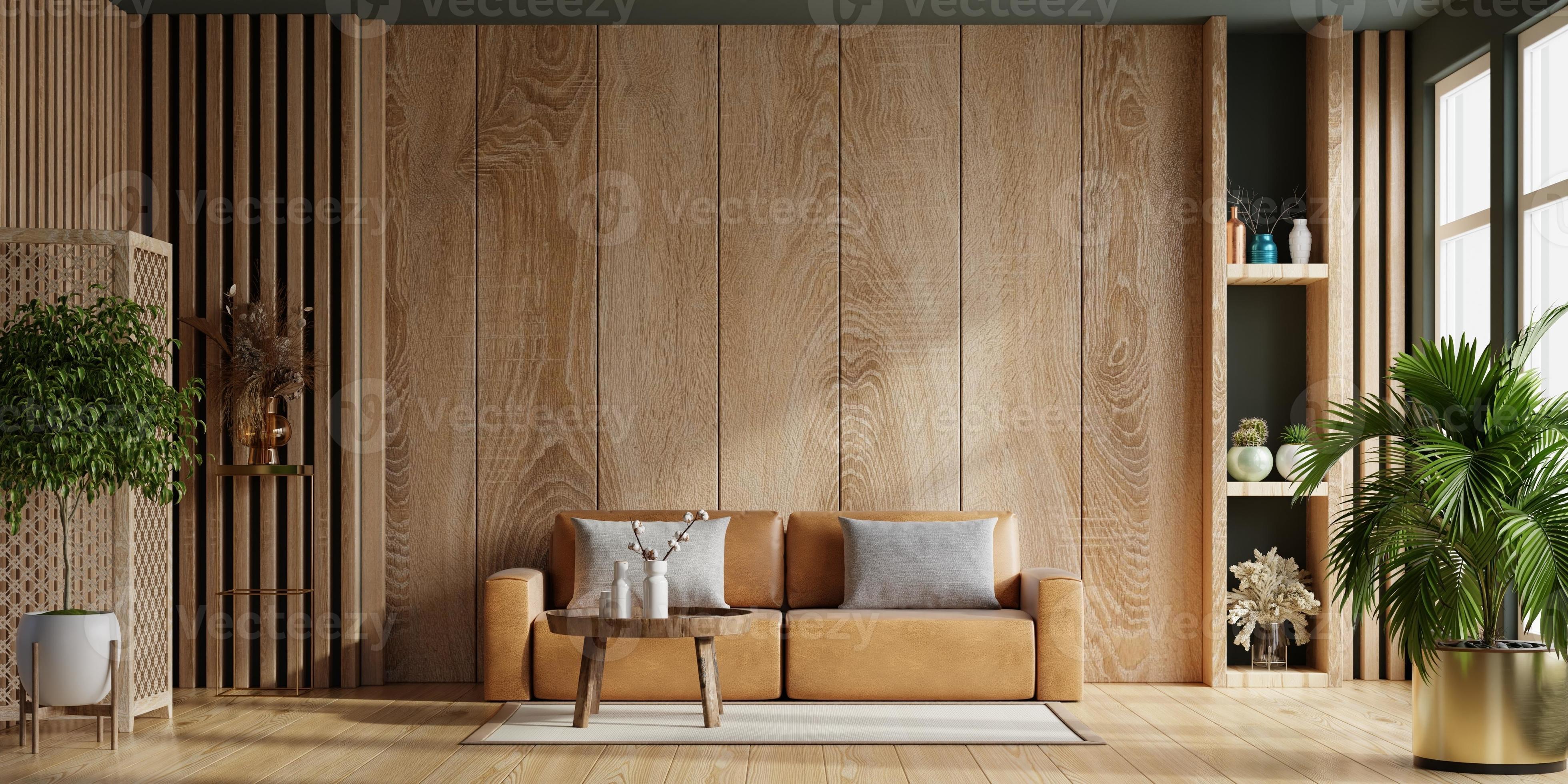 Interior living room wall mockup with leather sofa and decor on wooden