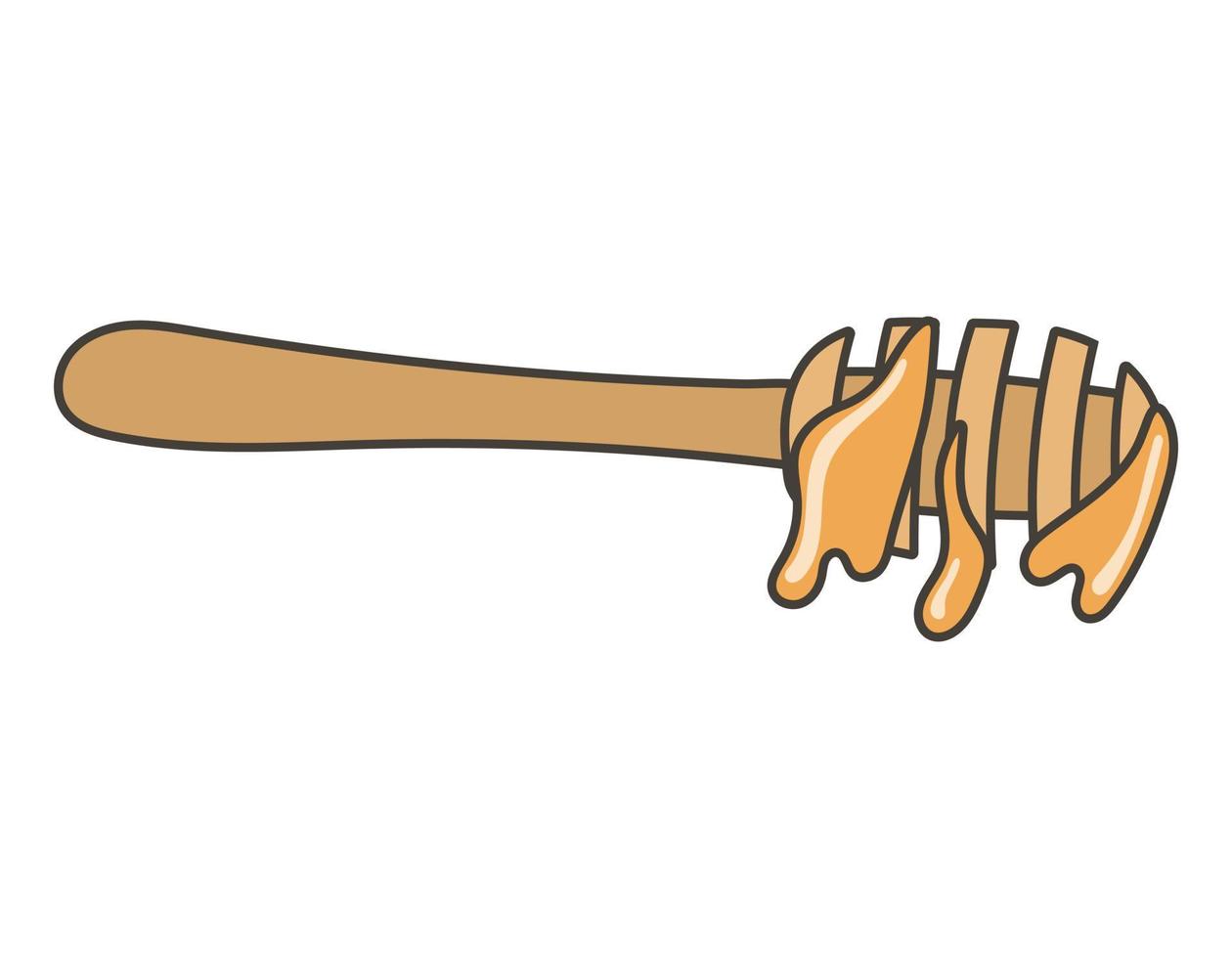 Wooden spindle spoon with drops of sticky honey. Vector isolated doodle cartoon sticker.