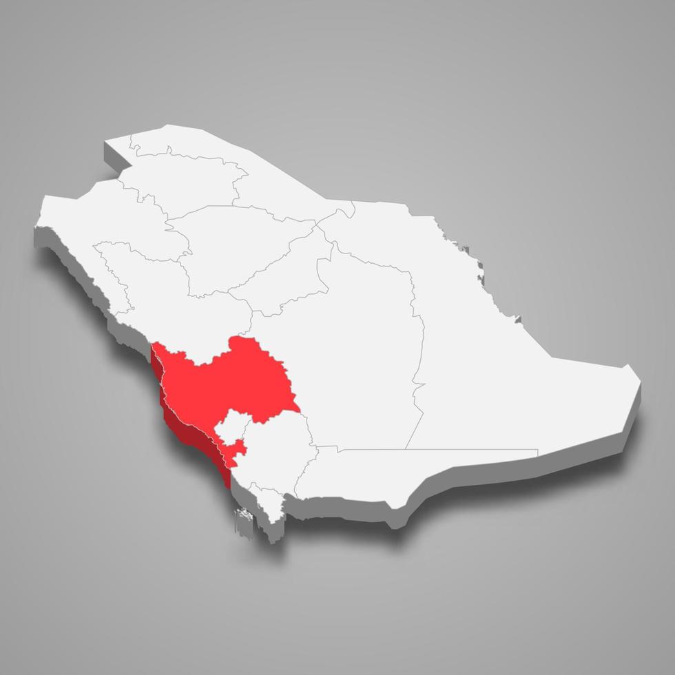 Mecca region location within Saudi Arabia 3d map vector