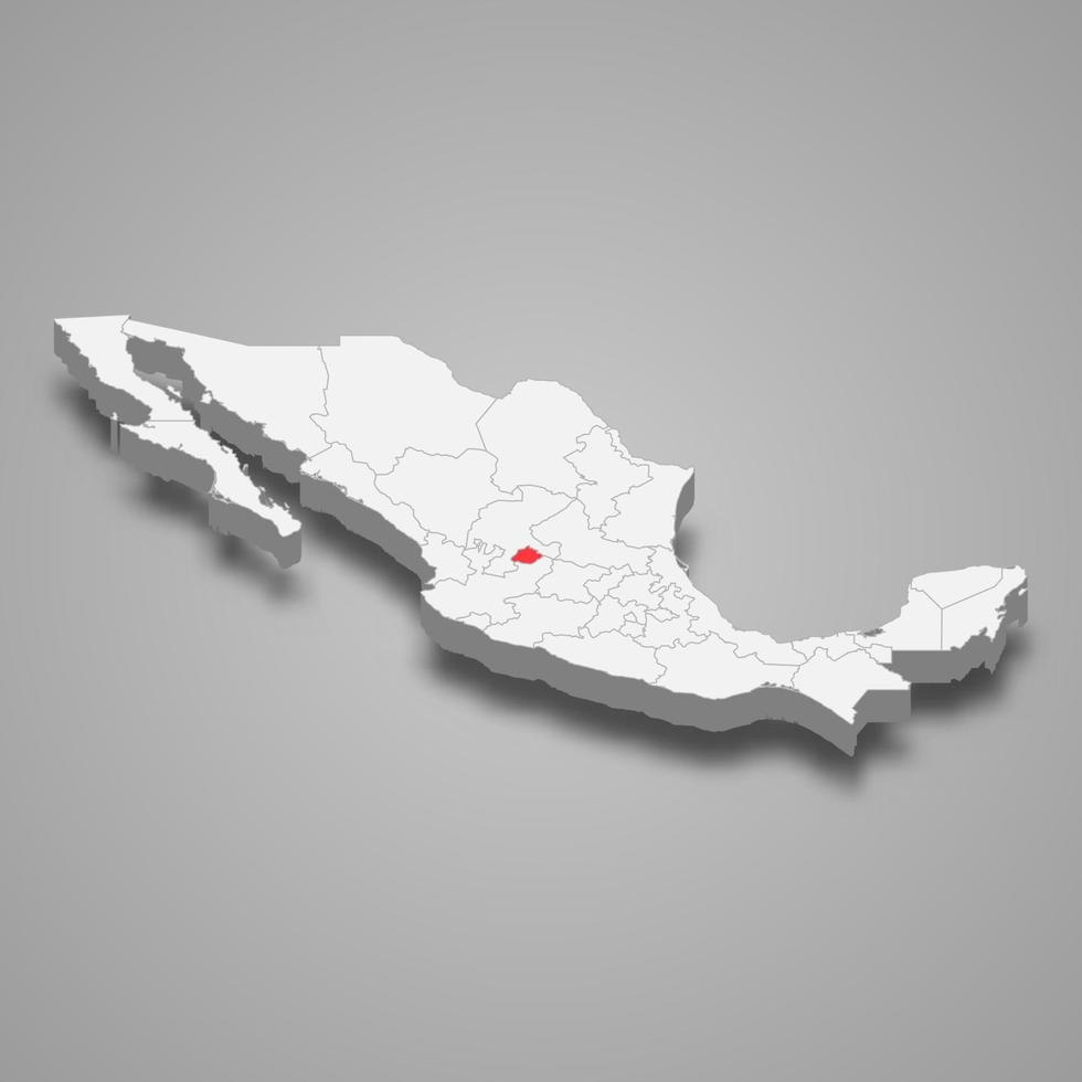 Aguascalientes region location within Mexico 3d map vector