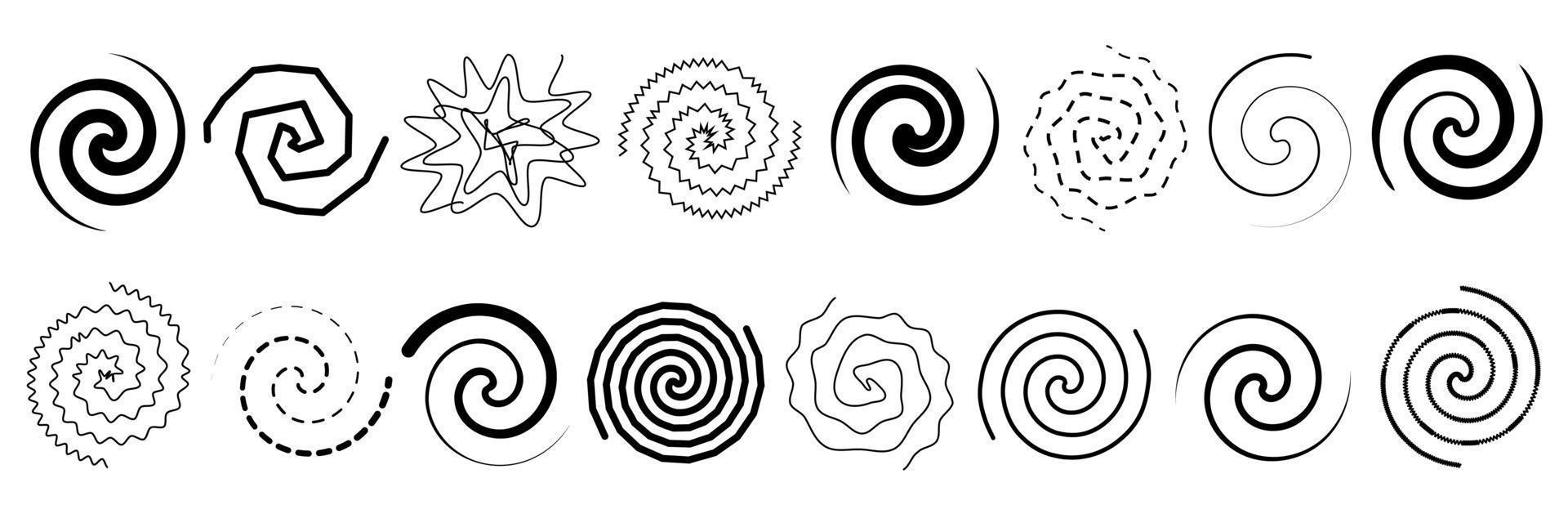 Set of abstract spirals and twirls. Vector illustration of lines twisted in circle. Black and white drawing of signs of round swirls and wavy whirls.