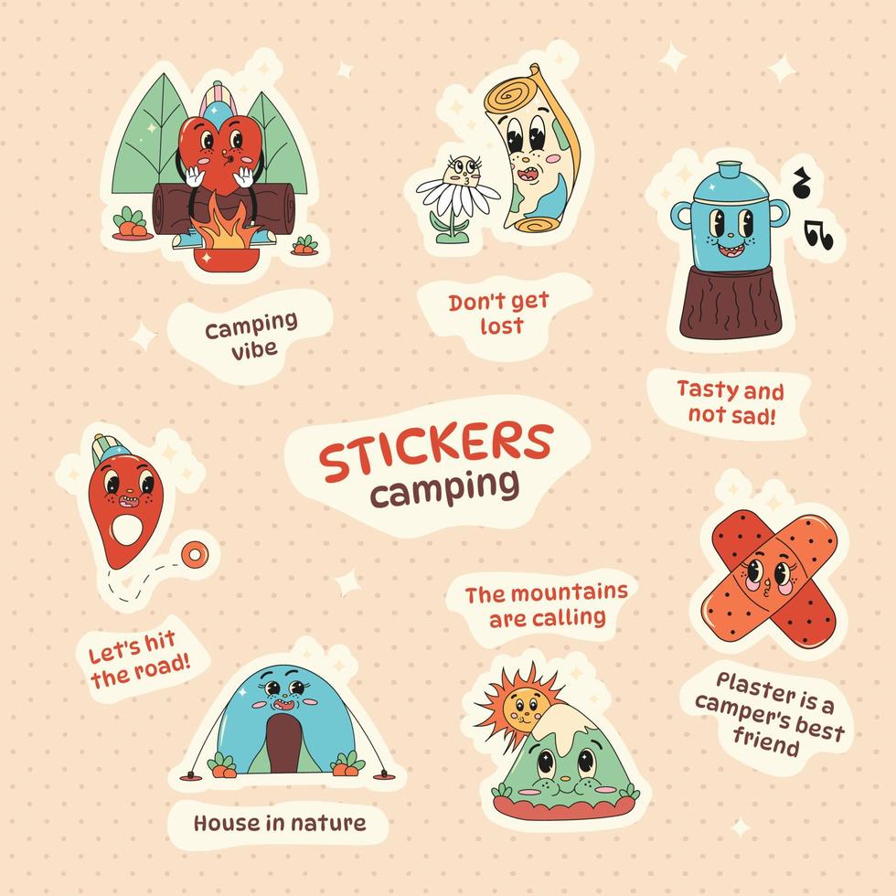 Set of cute stickers camping tourism with funny phrases vector