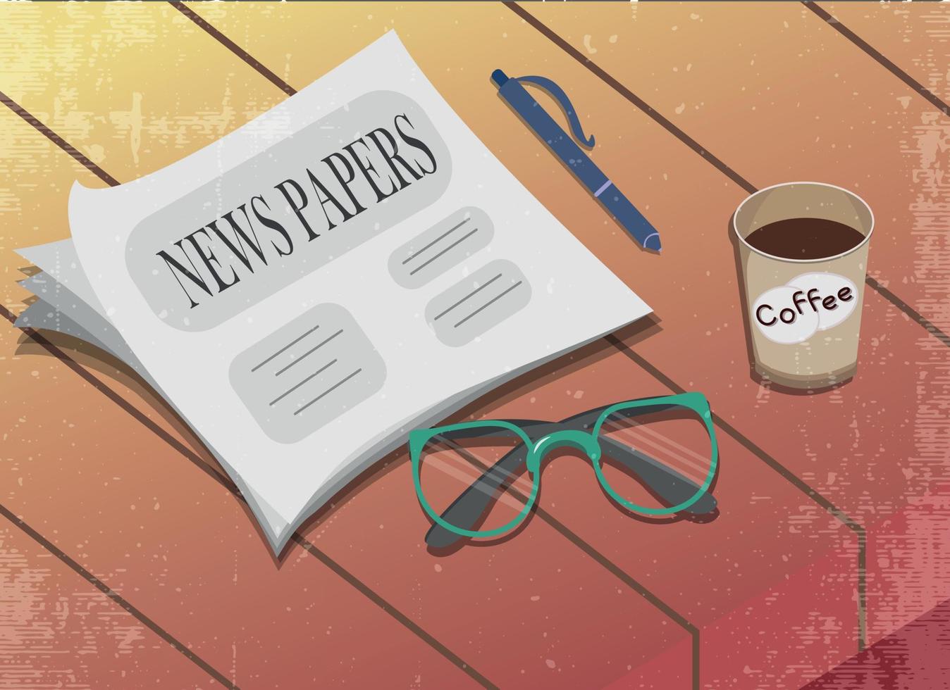 Vintage newspaper on the table, glasses, pen and coffee cup vector