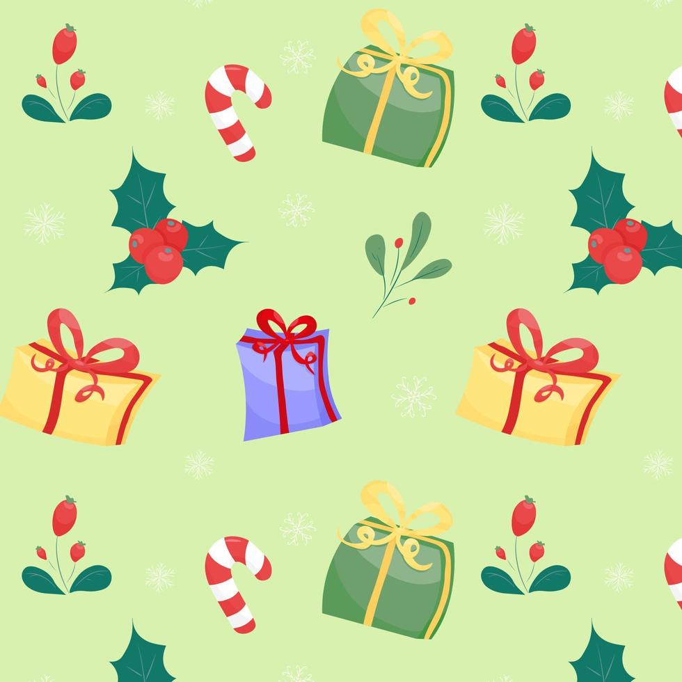 Christmas seamless pattern on green background with gifts vector