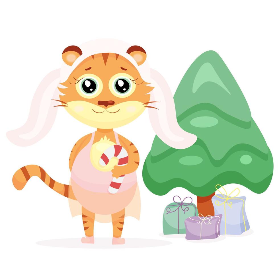A tiger in a carnival costume of a bunny stands near the Christmas tree with gifts vector