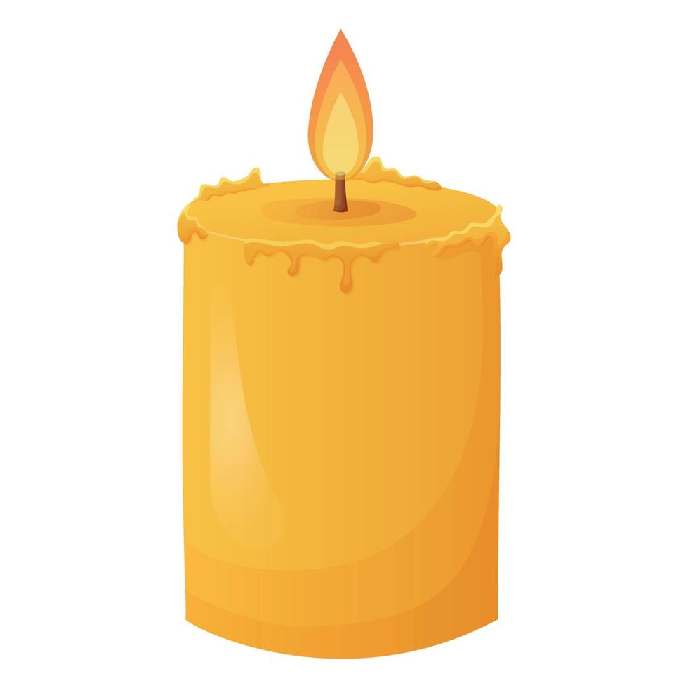 Festive yellow wax candle with fire. Vector isolated cartoon illustration.