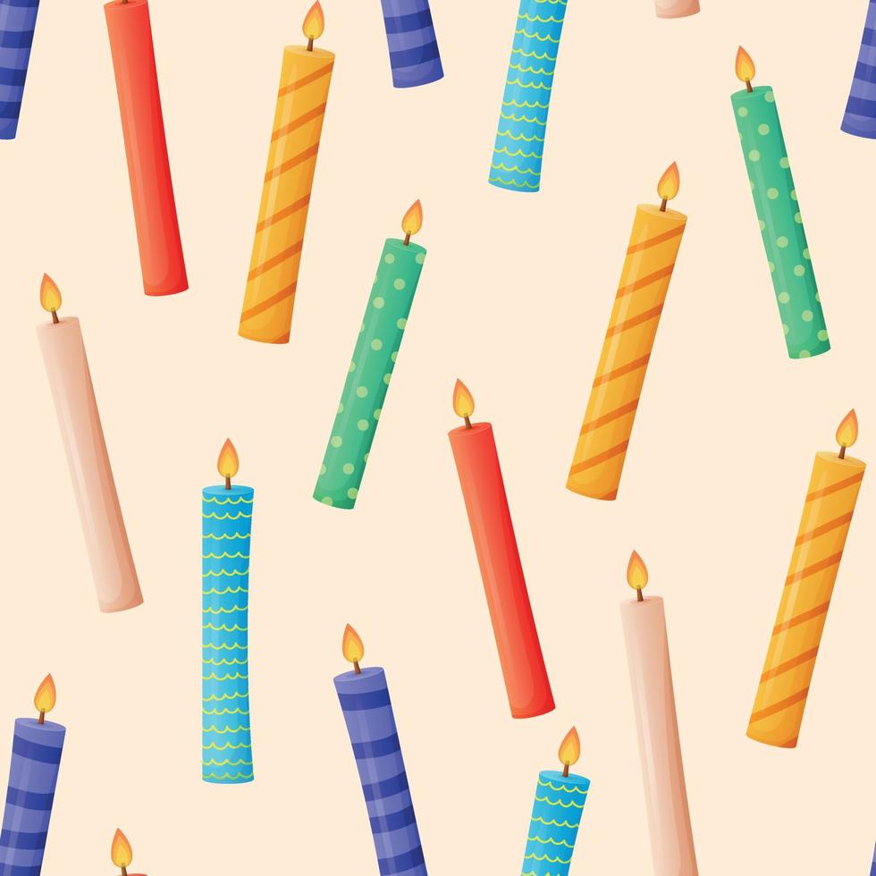 Multicolored festive wax candles with fire. Vector birthday seamless cartoon pattern.