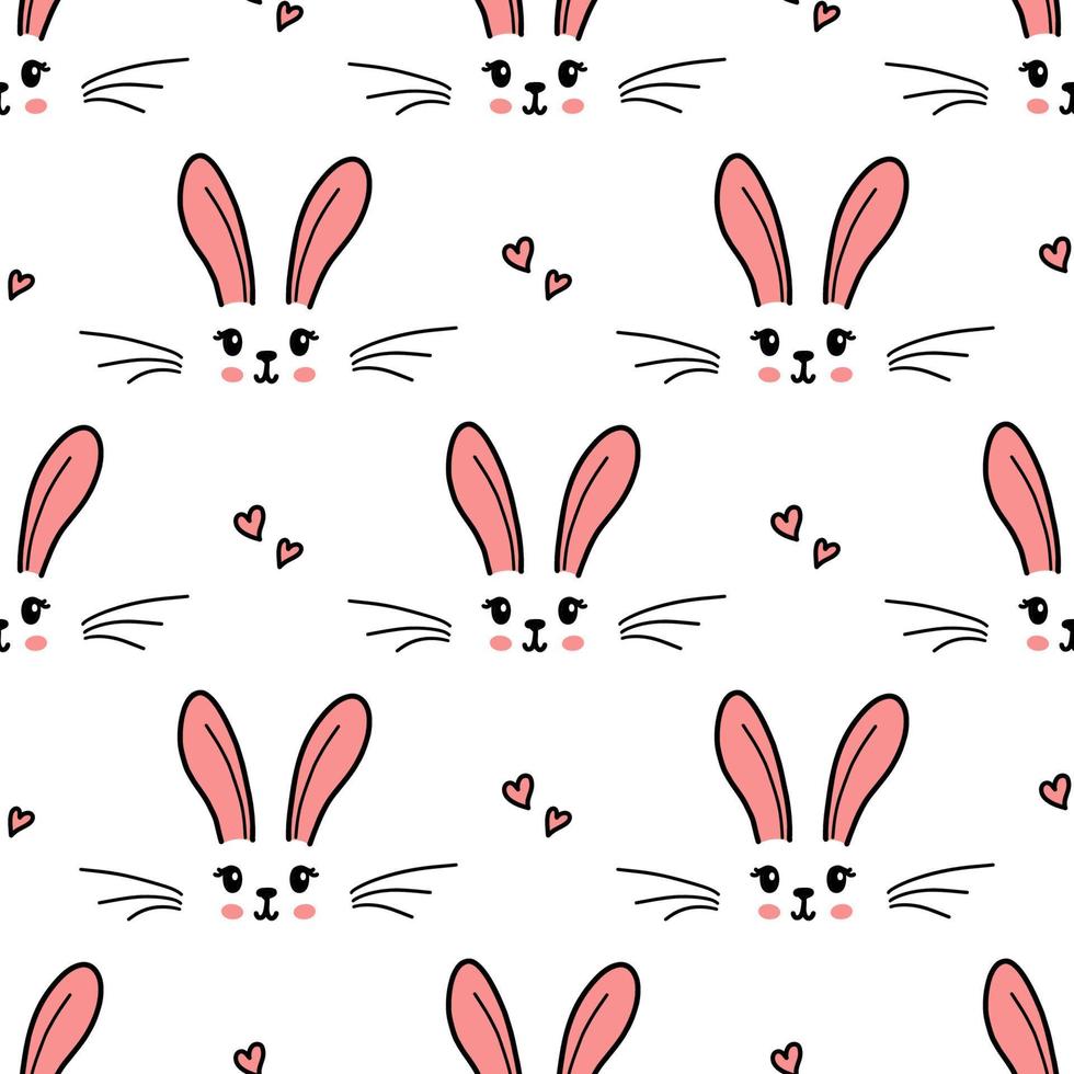 Cute bunny seamless pattern. Hand drawn doodle rabbit face and hearts vector wallpaper.