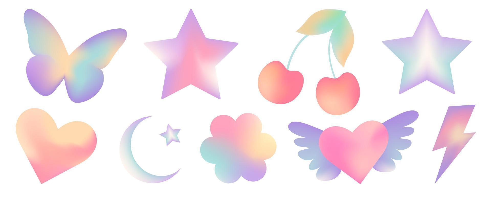 Set of mesh blurred unfocused gradient stickers in pastel colors. Abstract y2k geometric shapes in trendy retro style. Heart, flower, daisy, butterfly, star, moon, cherry, angel vector