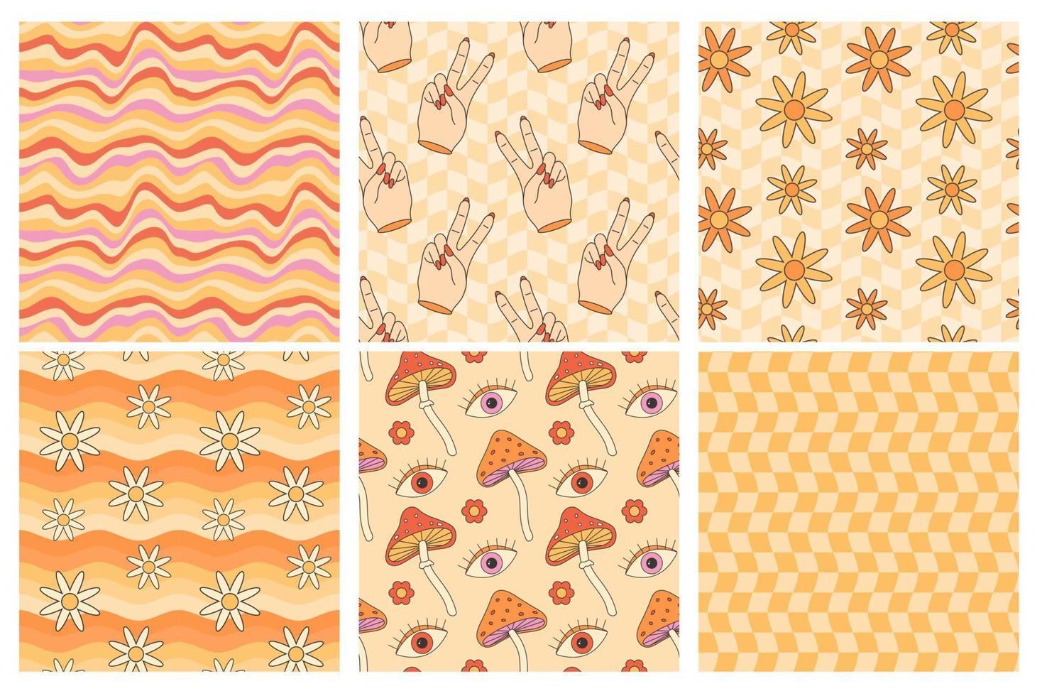 Retro groovy hippie seamless pattern set. Seamless abstract geometric pattern. Floral background. Peace, daisy, flower, checkerboard, wave vector