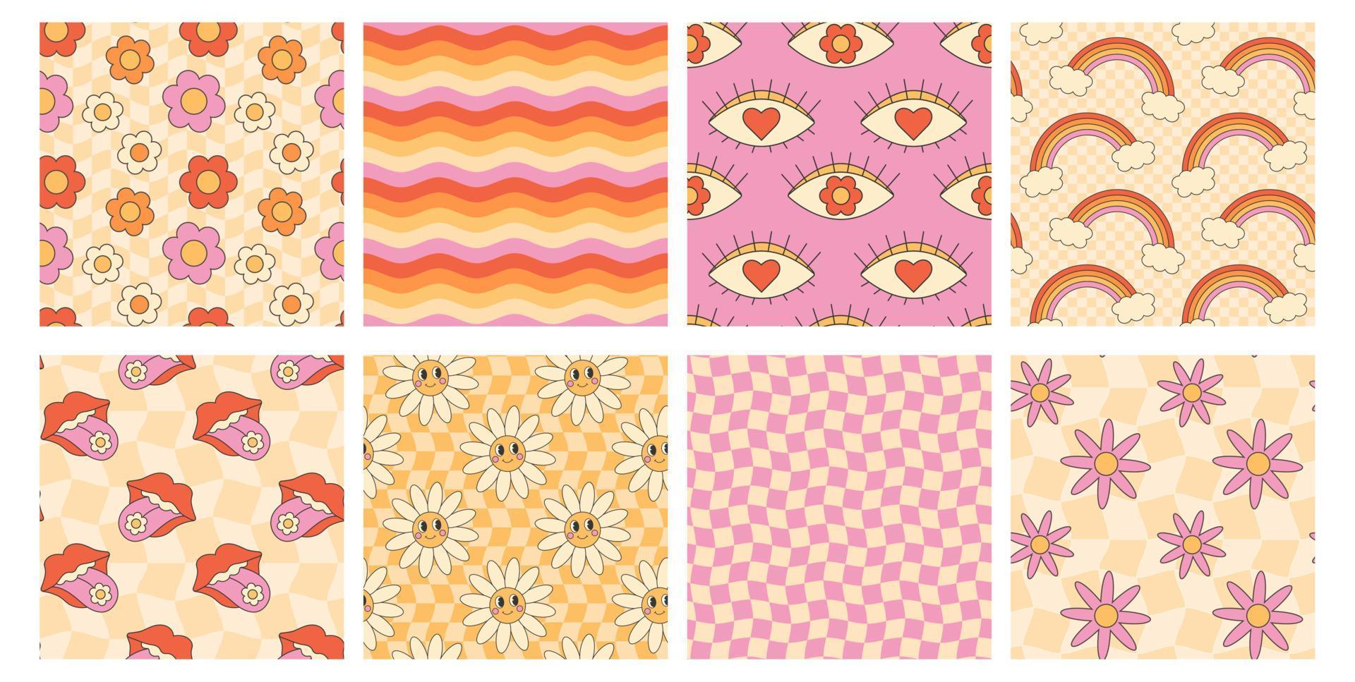 Retro groovy hippie seamless pattern set. Seamless abstract geometric pattern. Floral background. Rainbow, daisy, flower, checkerboard, mouth, tongue, wave vector