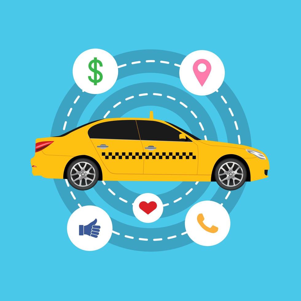 Advertising illustration of a taxi service on a background with icons vector