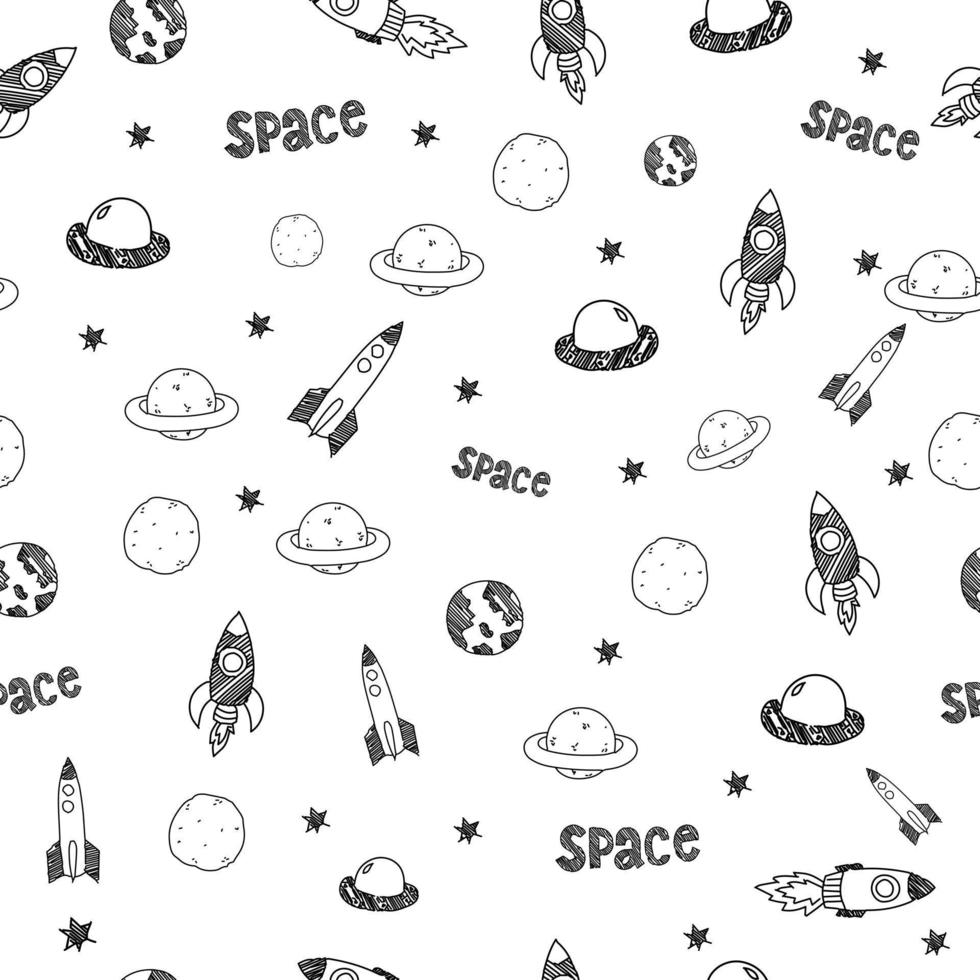 space elements flying in zero gravity. Pattern in cartoon style. Freehand drawing. Vector illustration
