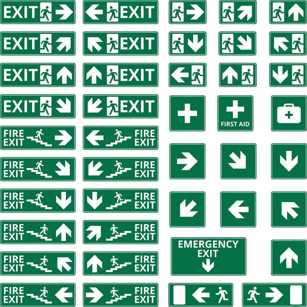 Set of safety signs. Exit signs. Set of emergency exit signs. vector