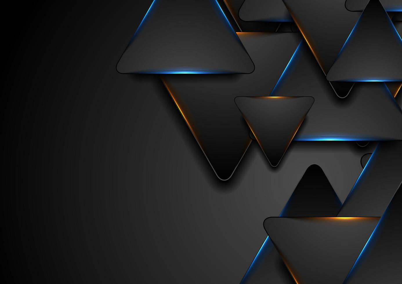 Black and glowing blue orange triangles abstract background vector