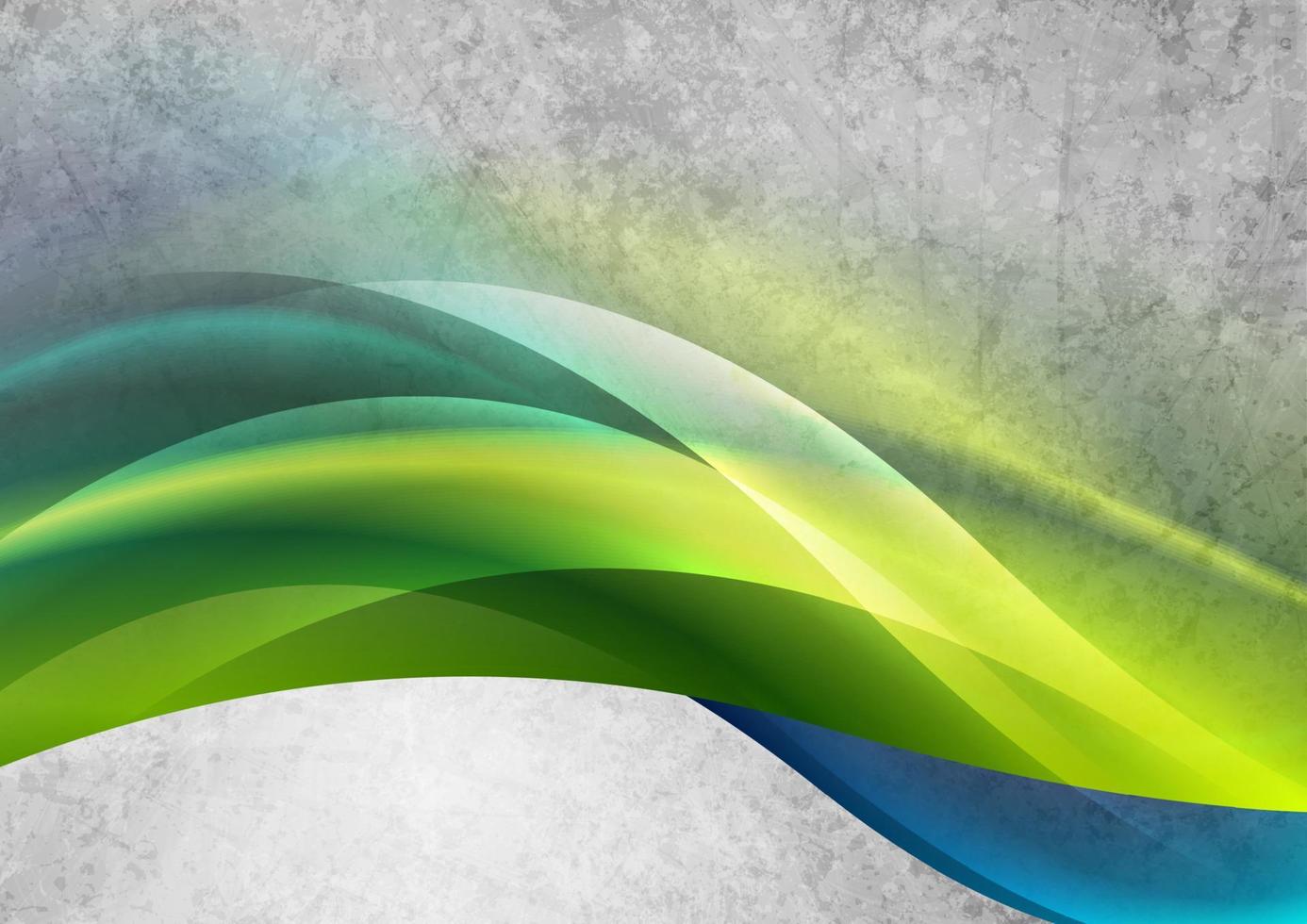 Glowing green blue waves on grey grunge background vector