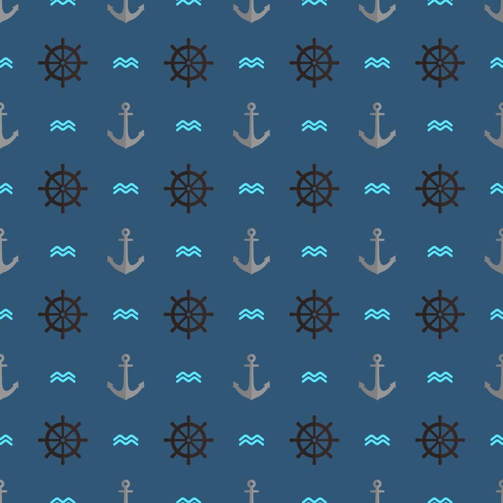 Vector seamless pattern in nautical style with items anchor, rudder, waves