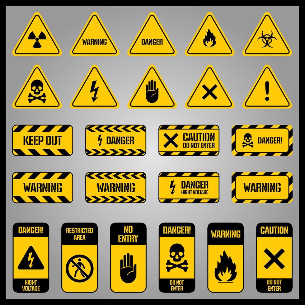 Warning signs. Hazard warning yellow and black tape, striped biohazard poison, high voltage security perimeter elements symbols set. vector