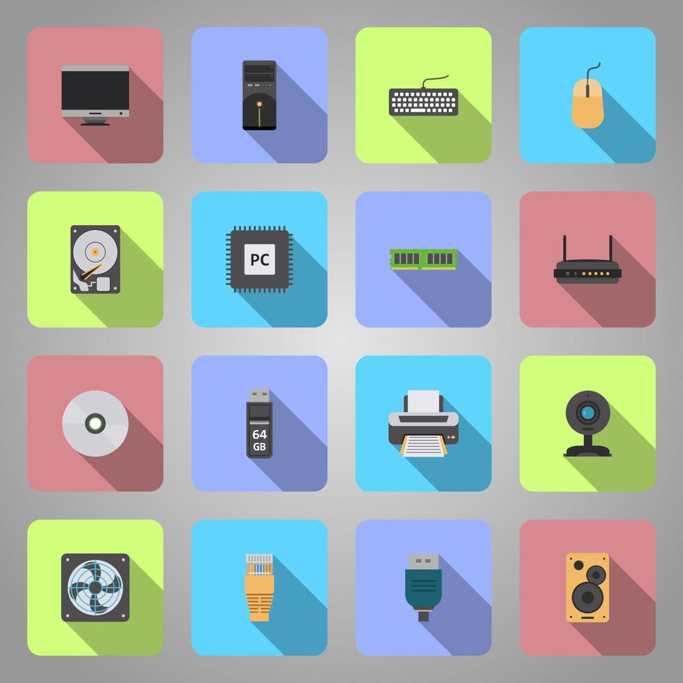 Computer hardware icons, white flat design in square, vector Illustration.