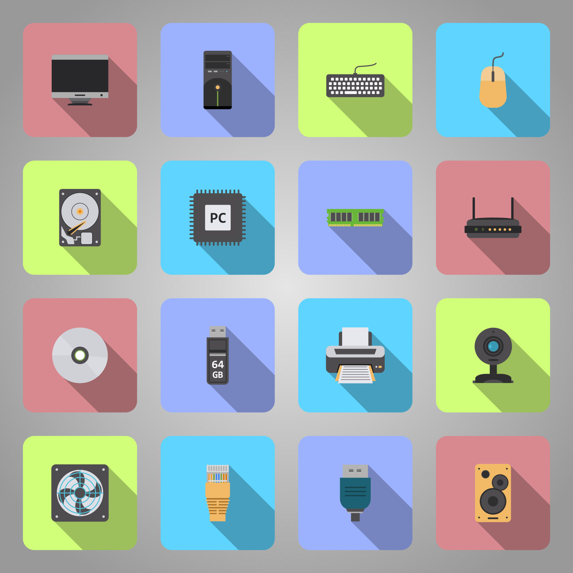 Computer hardware icons, white flat design in square, vector