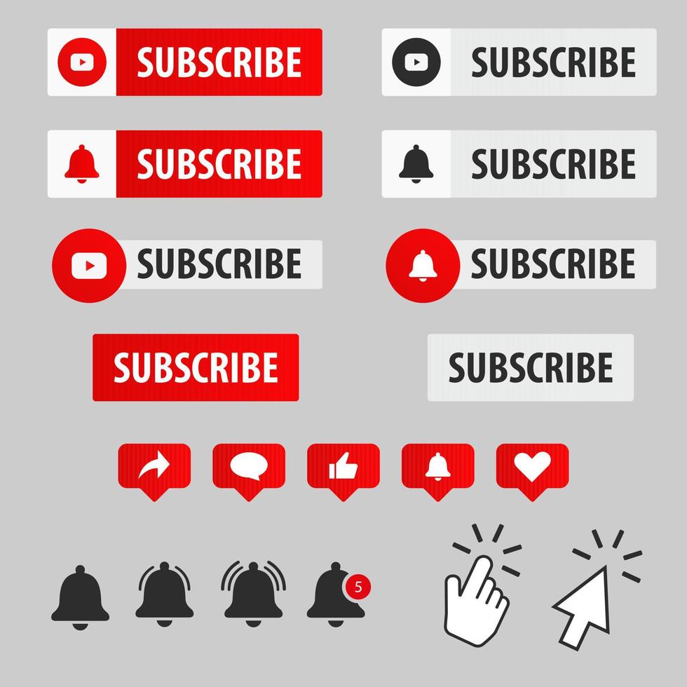 Vector subscription interface  red and white button icons, cursor, hand for web design and internet