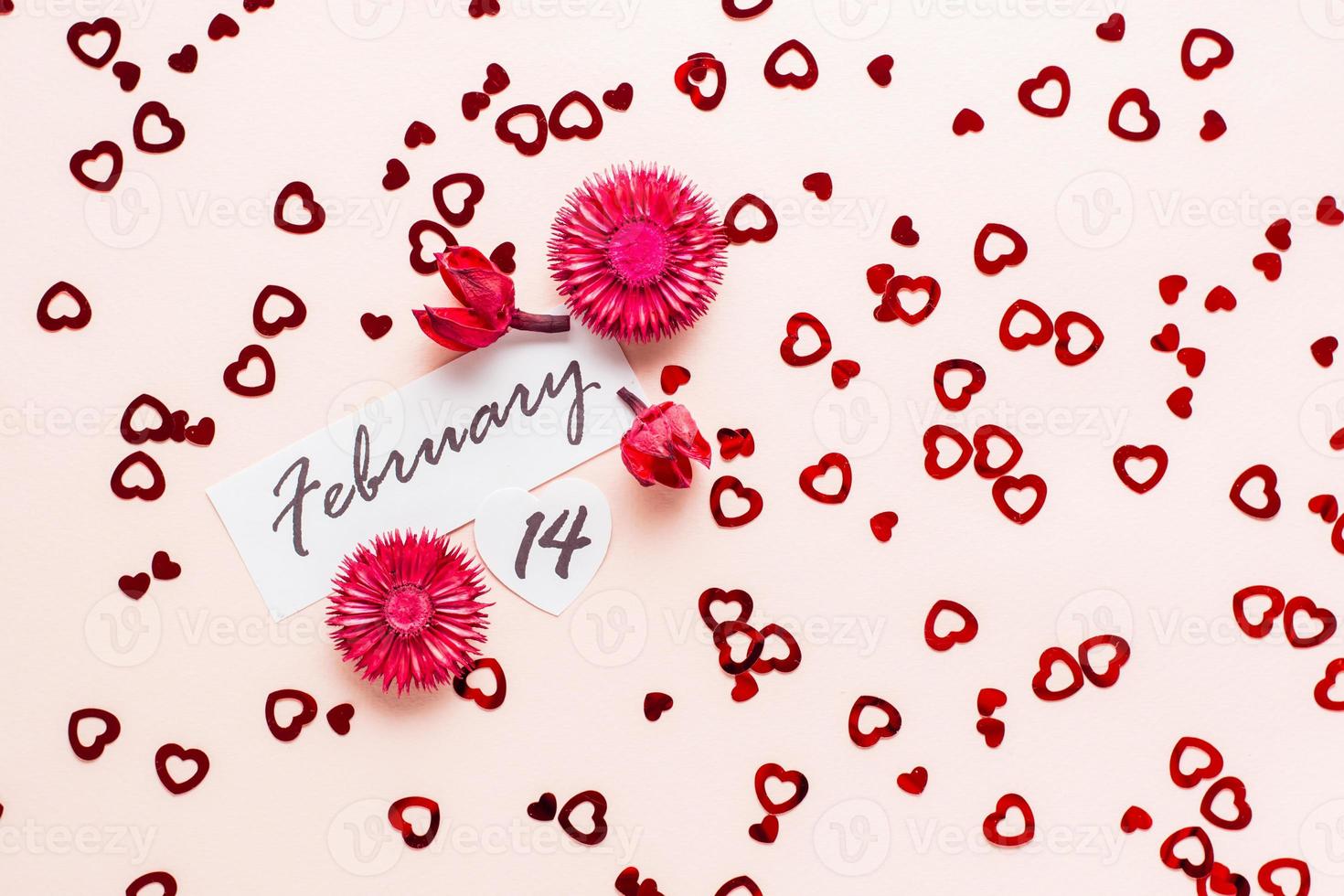 Valentine's Day. Date of February 14 and dry flowers on a pink background strewn with hearts. Top view photo