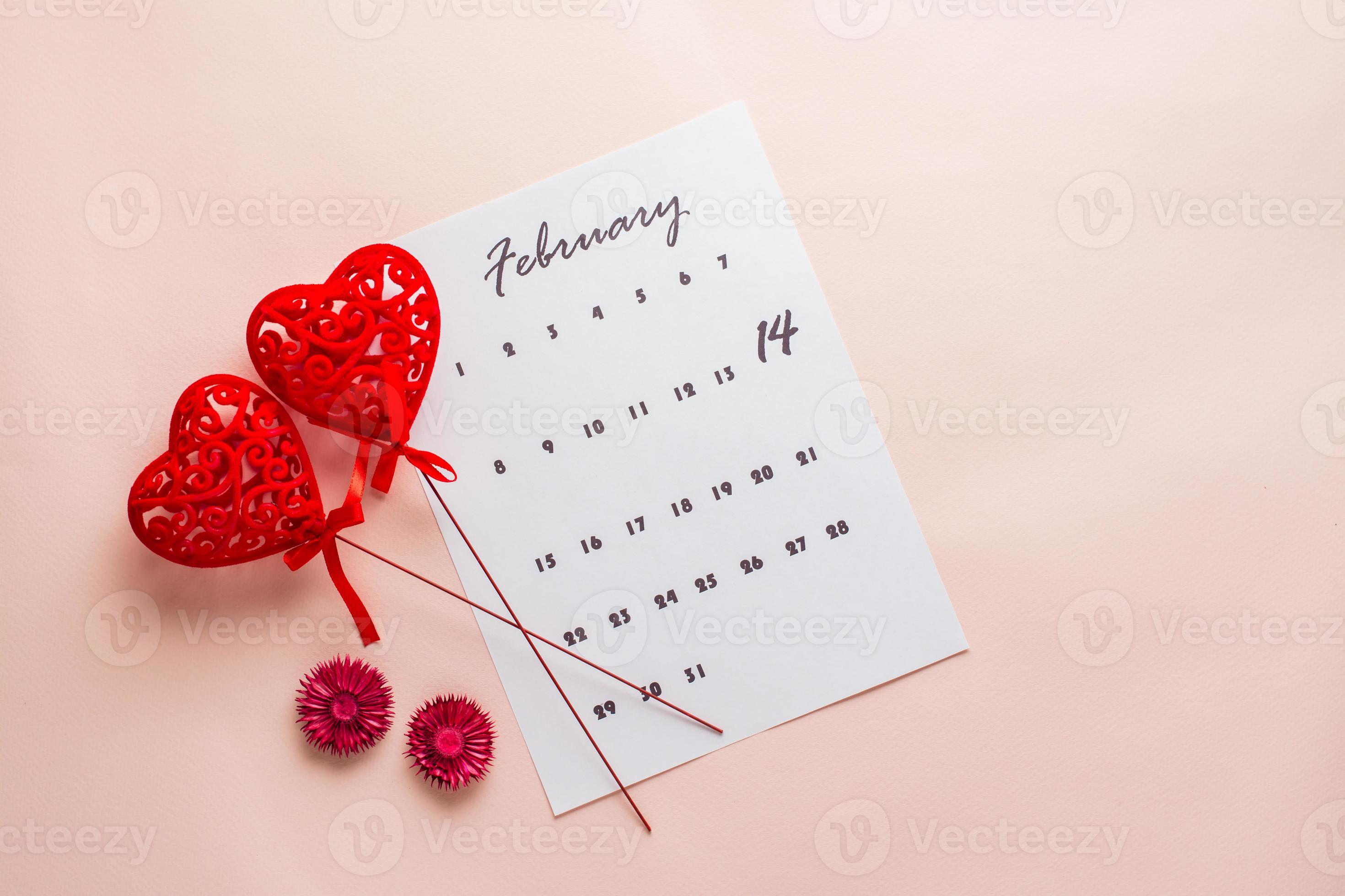 Valentine's Day. Calendar sheet with highlighted date February 14 and