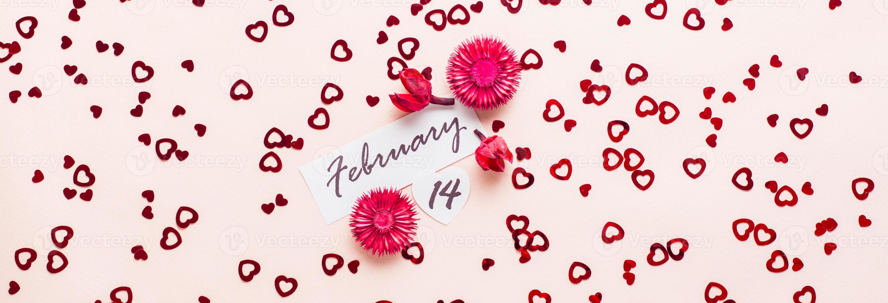 Valentine's Day. Date of February 14 and dry flowers on a pink background strewn with hearts. Top view. Web banner photo