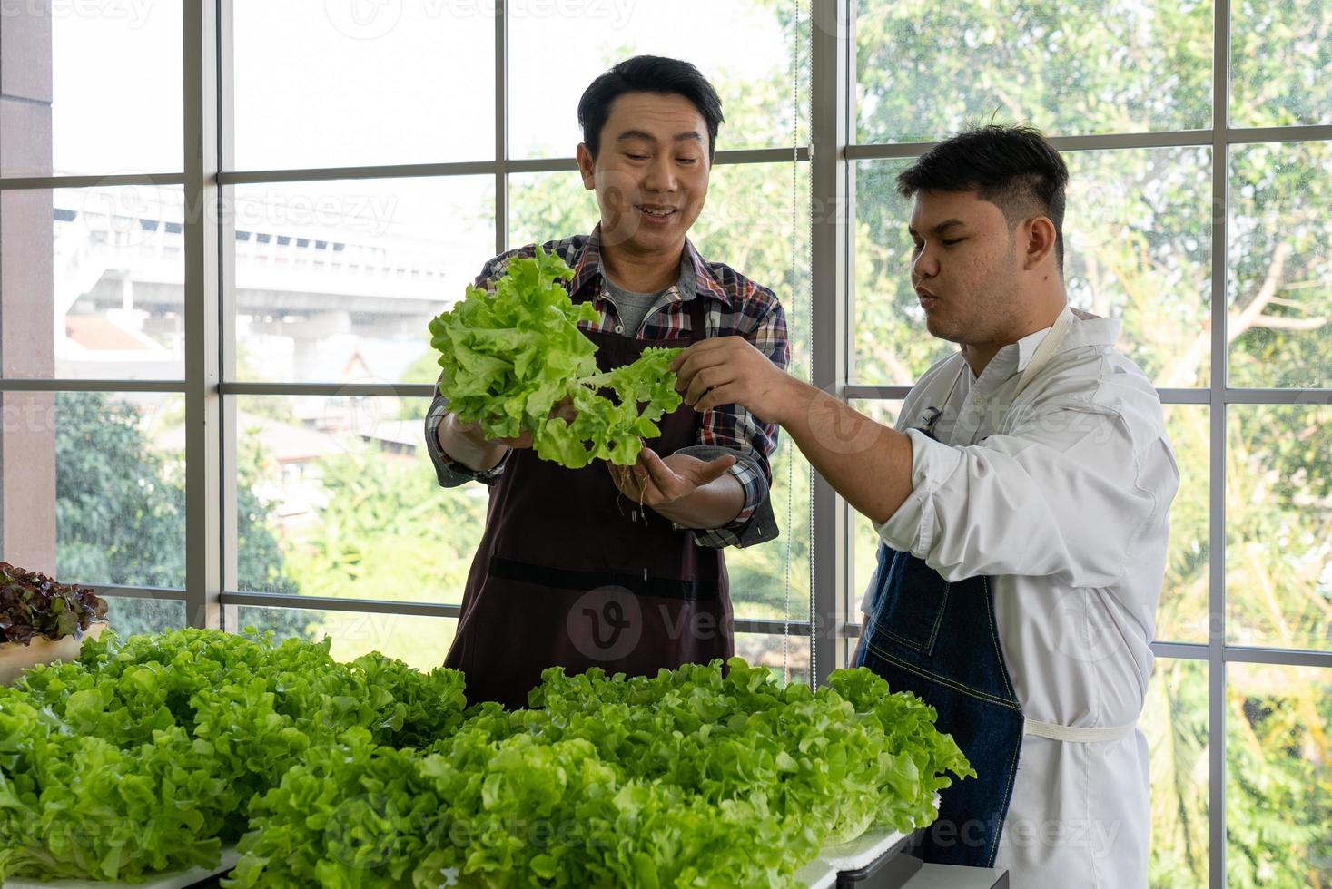 asiático verdulero con trabajador de venta Fresco orgánico verde lechuga en local mercado foto