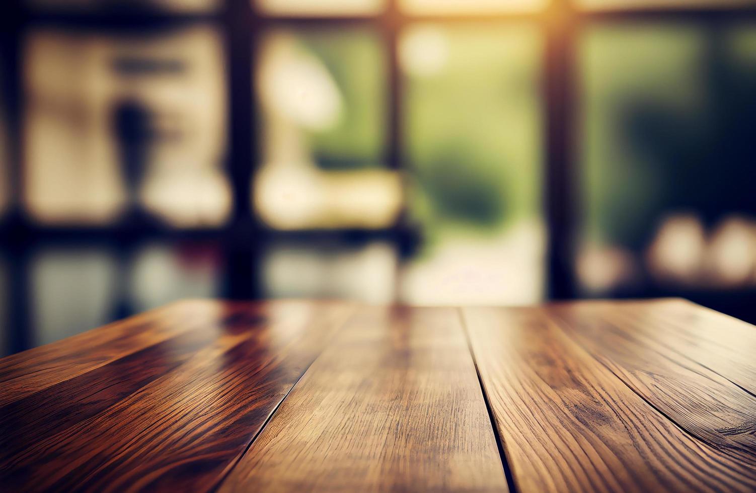 Abstract empty wooden desk table with copy space over interior cafe and restaurant with blurred background, display for product montage, Generative Ai photo