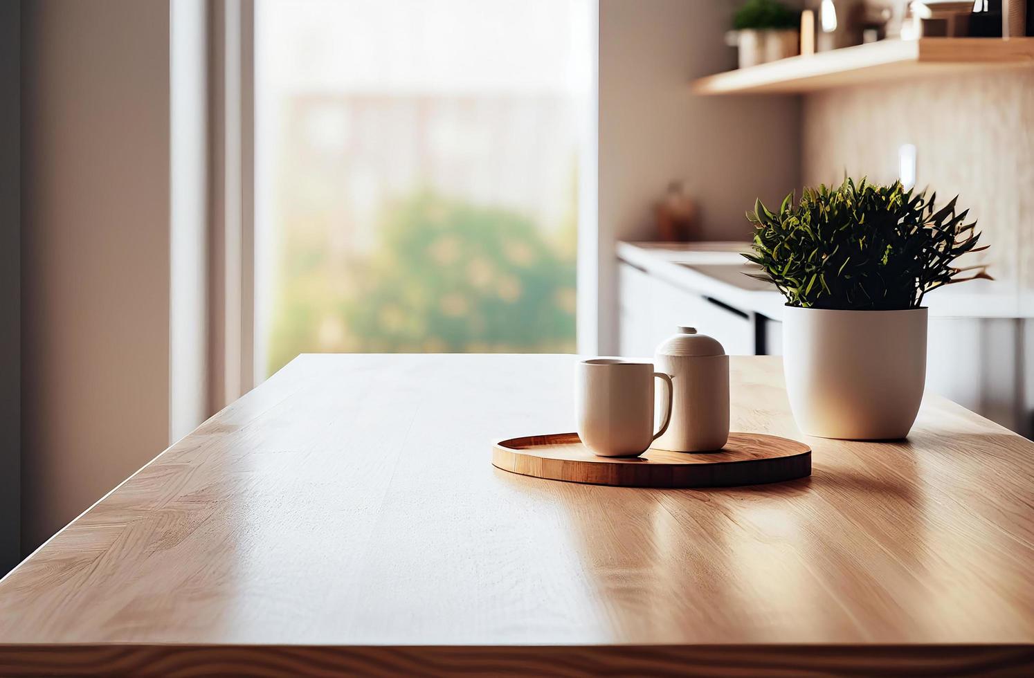 Abstract empty wooden desk table with copy space over interior modern kitchen room and window blurred background, display for product montage, Generative Ai photo