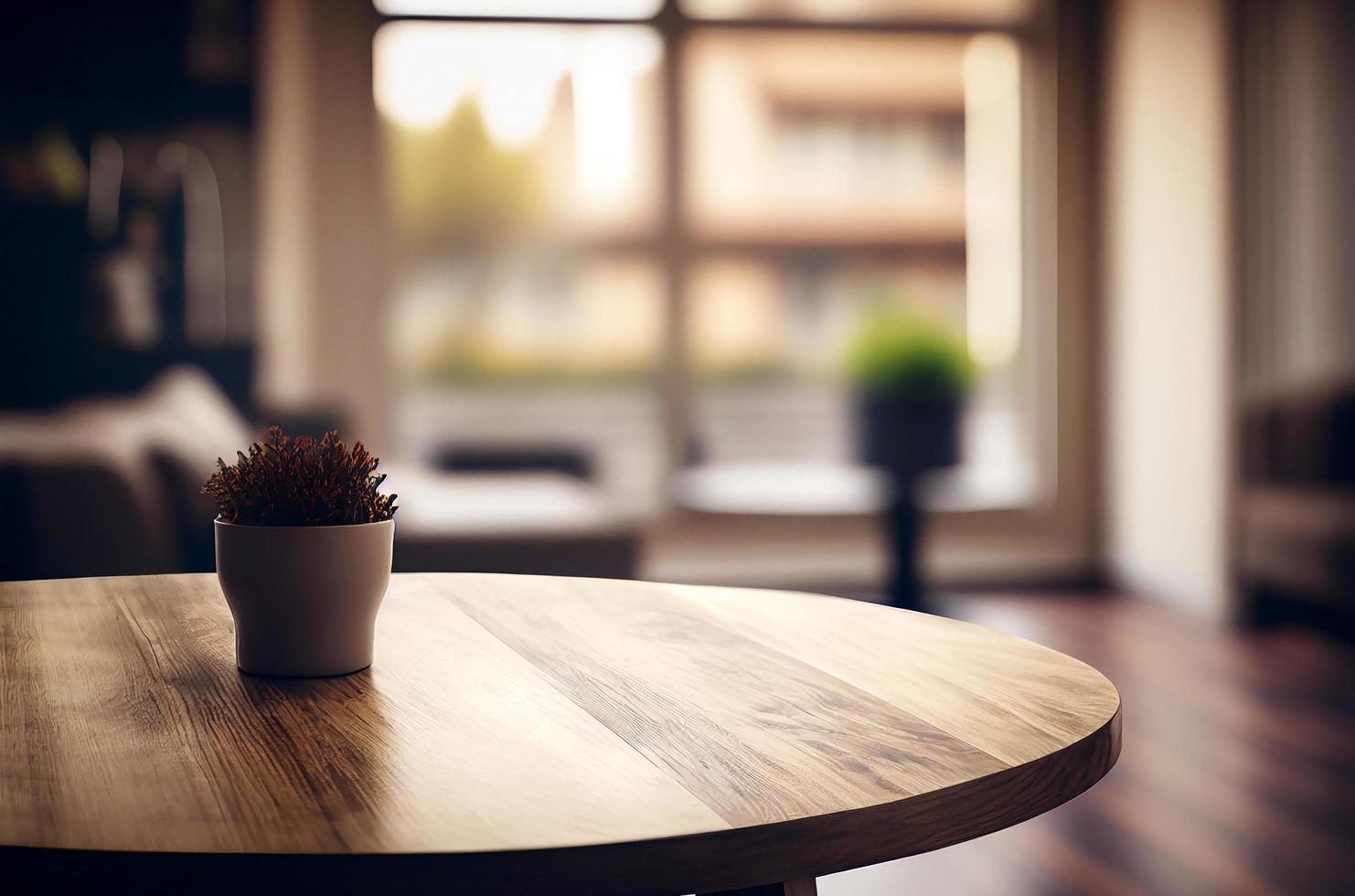 Abstract empty wooden desk table with copy space over interior modern kitchen room and window blurred background, display for product montage, Generative Ai photo